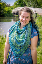 Load image into Gallery viewer, Blue Green Striped Handmade Crochet Shawlette
