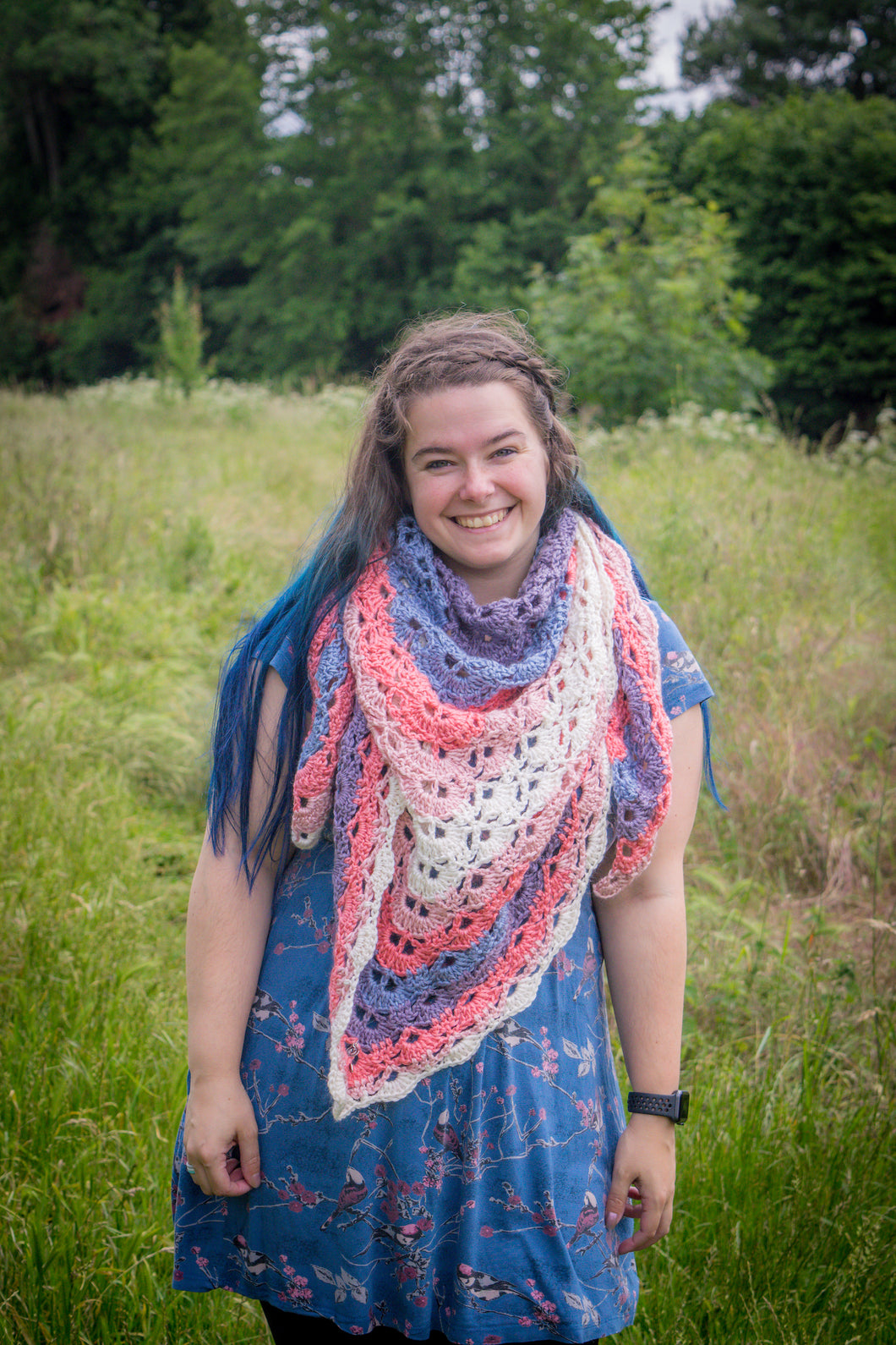 Blue White Pink Striped Handmade Crochet Wrap