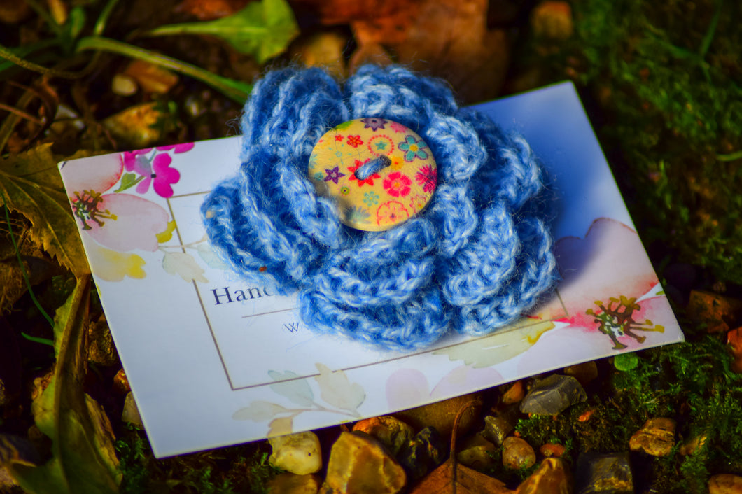 Blue Flower Brooch Handmade Crochet