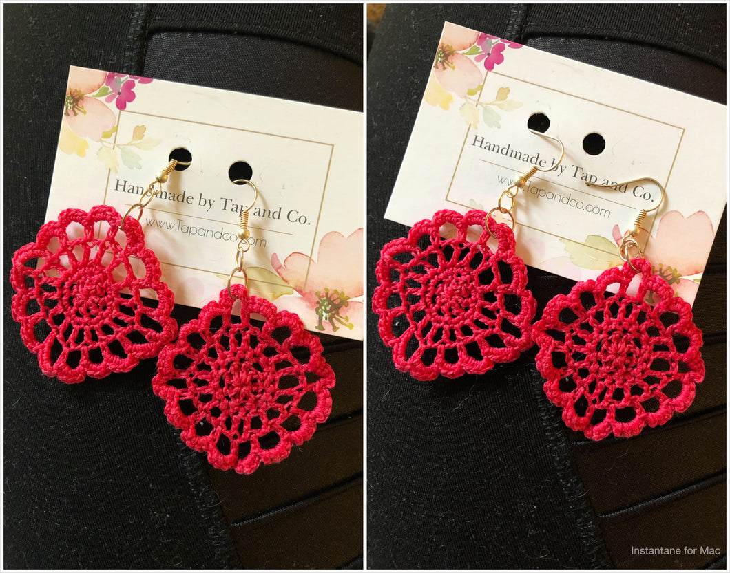 Hot Pink Round Handmade Crochet Earrings