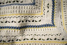 Load image into Gallery viewer, Crochet lacy Blanket in white, yellow and blue
