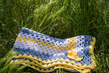 Load image into Gallery viewer, White blanket with Blue and Yellow Stripe Handmade Crochet
