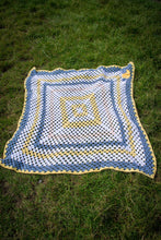 Load image into Gallery viewer, White blanket with Blue and Yellow Stripe Handmade Crochet
