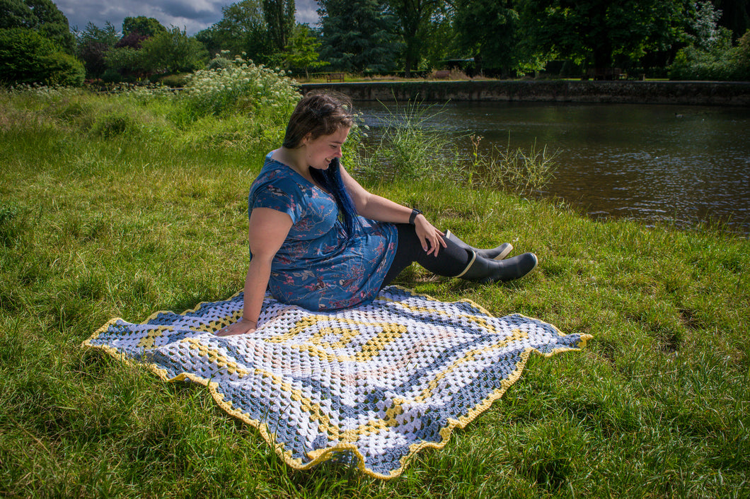 White blanket with Blue and Yellow Stripe Handmade Crochet